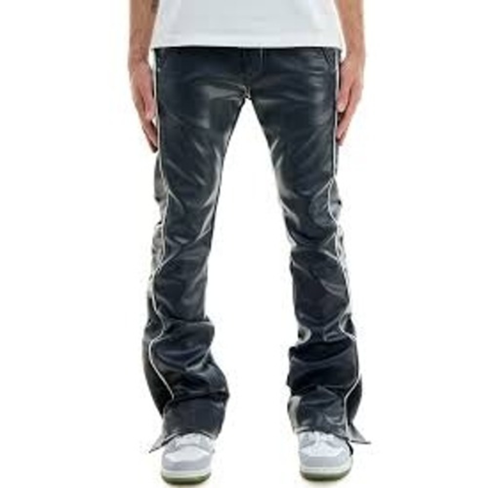 KDNK Mens Pants 32 Navy Blue Faux Leather Skinny Flare Stacked Piped KNB3329